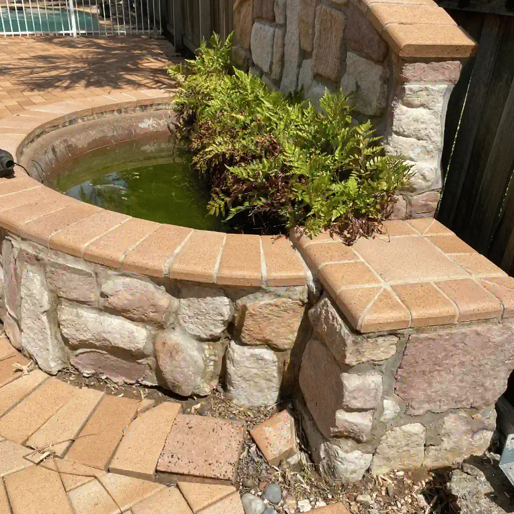 Cleaned outdoor stone pond and paving after pressure cleaning with restored surface finish