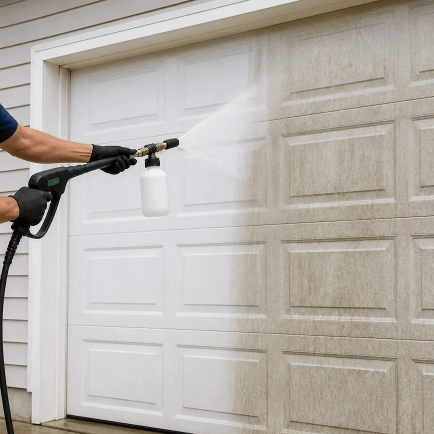 Soft washing garage door removing dirt and mildew buildup from exterior surface