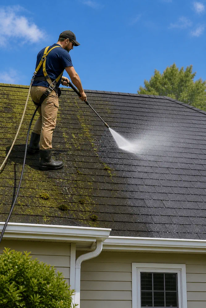 Technician soft washing roof to remove moss and algae buildup on shingles
