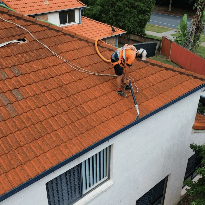 Residential roof cleaning using low-pressure washing method on tiled roof